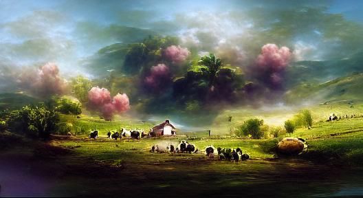 Idyllic Farm Landscape in Romantic Style