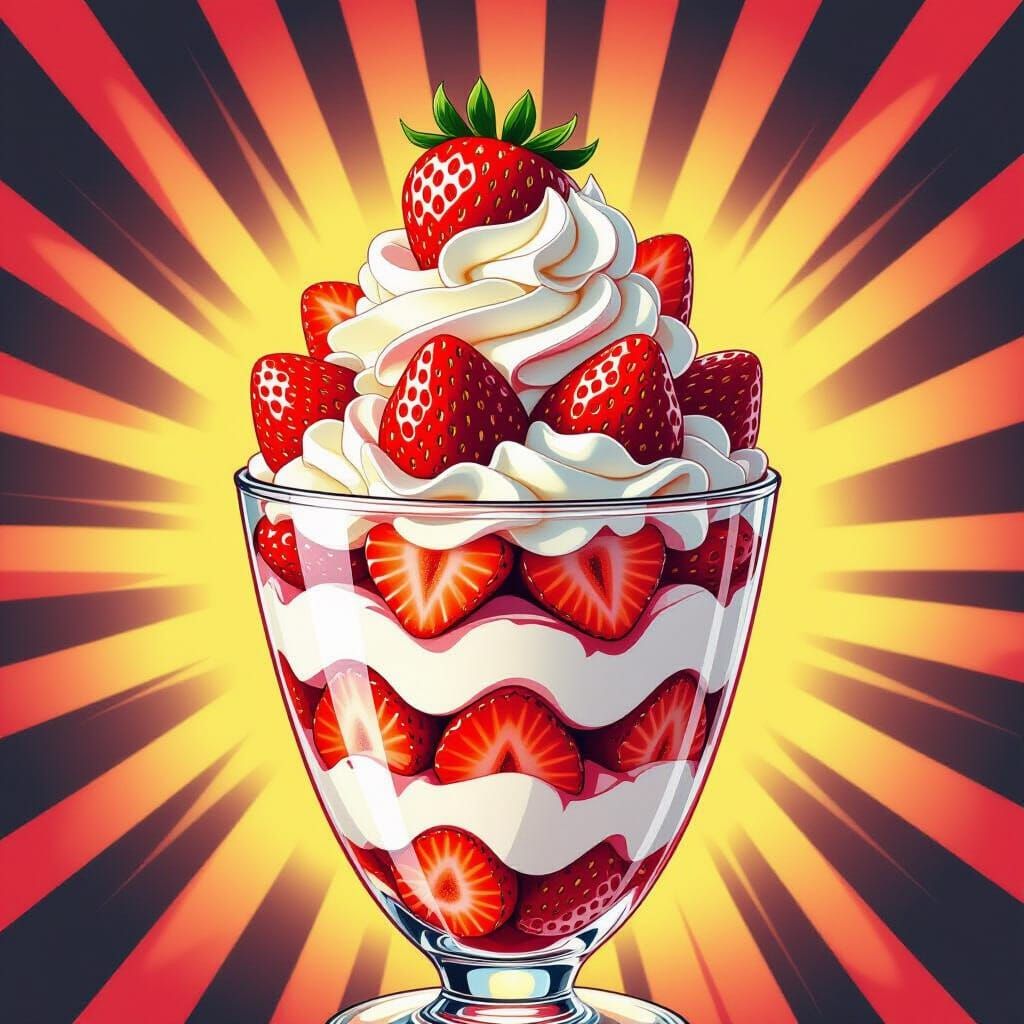 Hyper-Realistic Strawberry Parfait in Comic Book Style