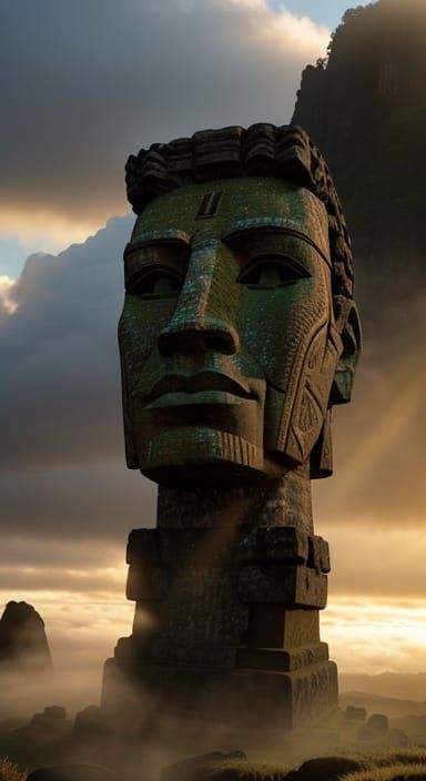 Easter Island-Inspired Colossal Sculpture on a Volcanic Moun...
