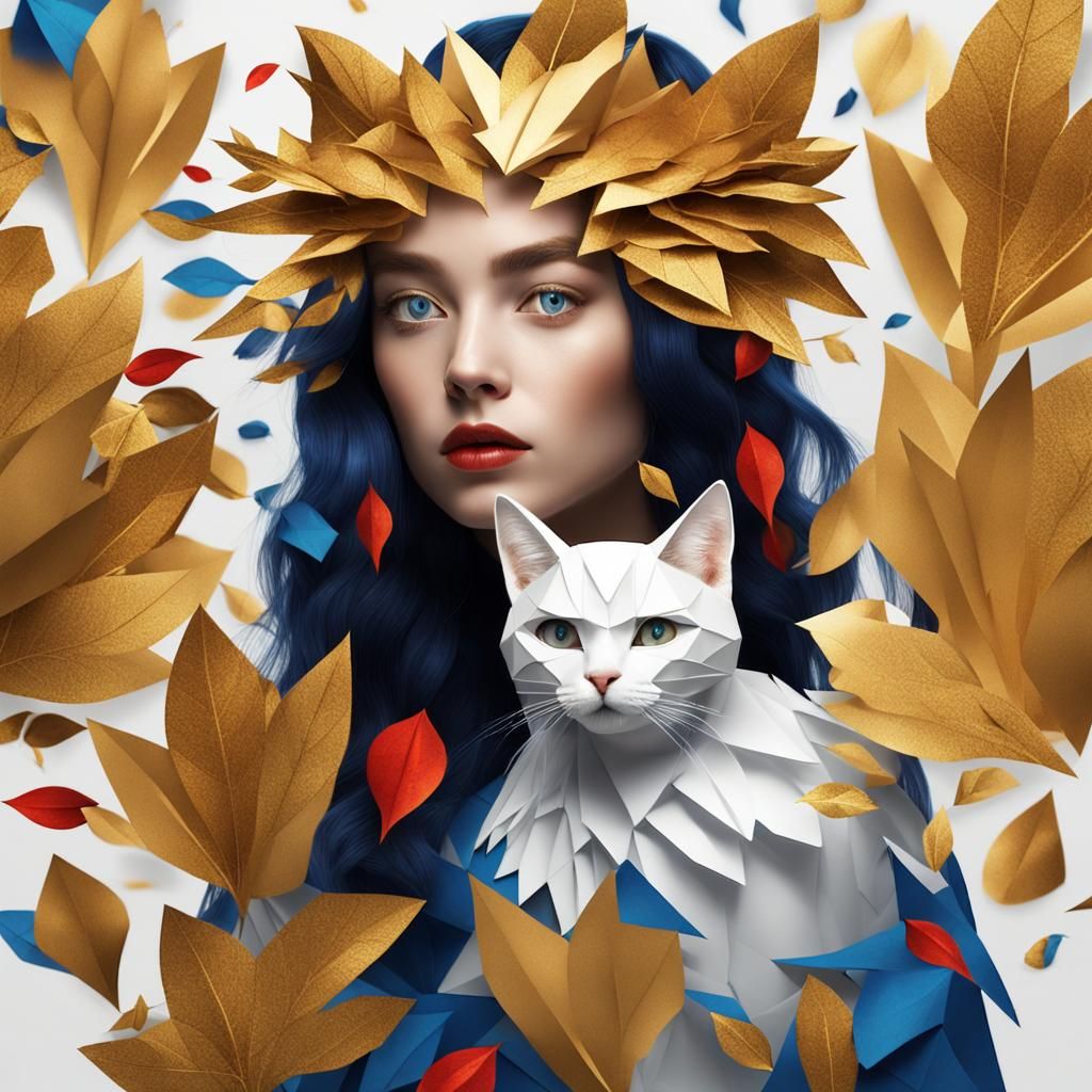 Surreal Girl with Cat Eyes in Origami Style