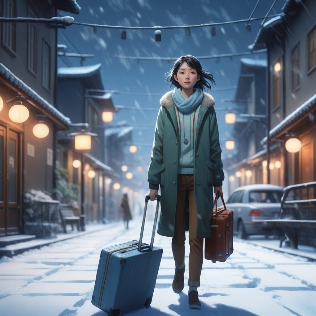 Anime Concept Art of Woman in Snowy Japanese City