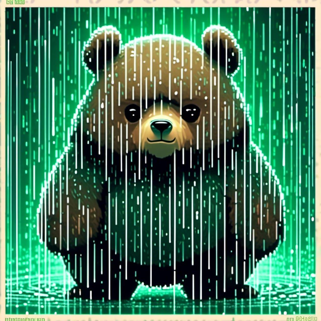 Chibi Bear in Matrix Digital Rain, Hyperdetailed Art