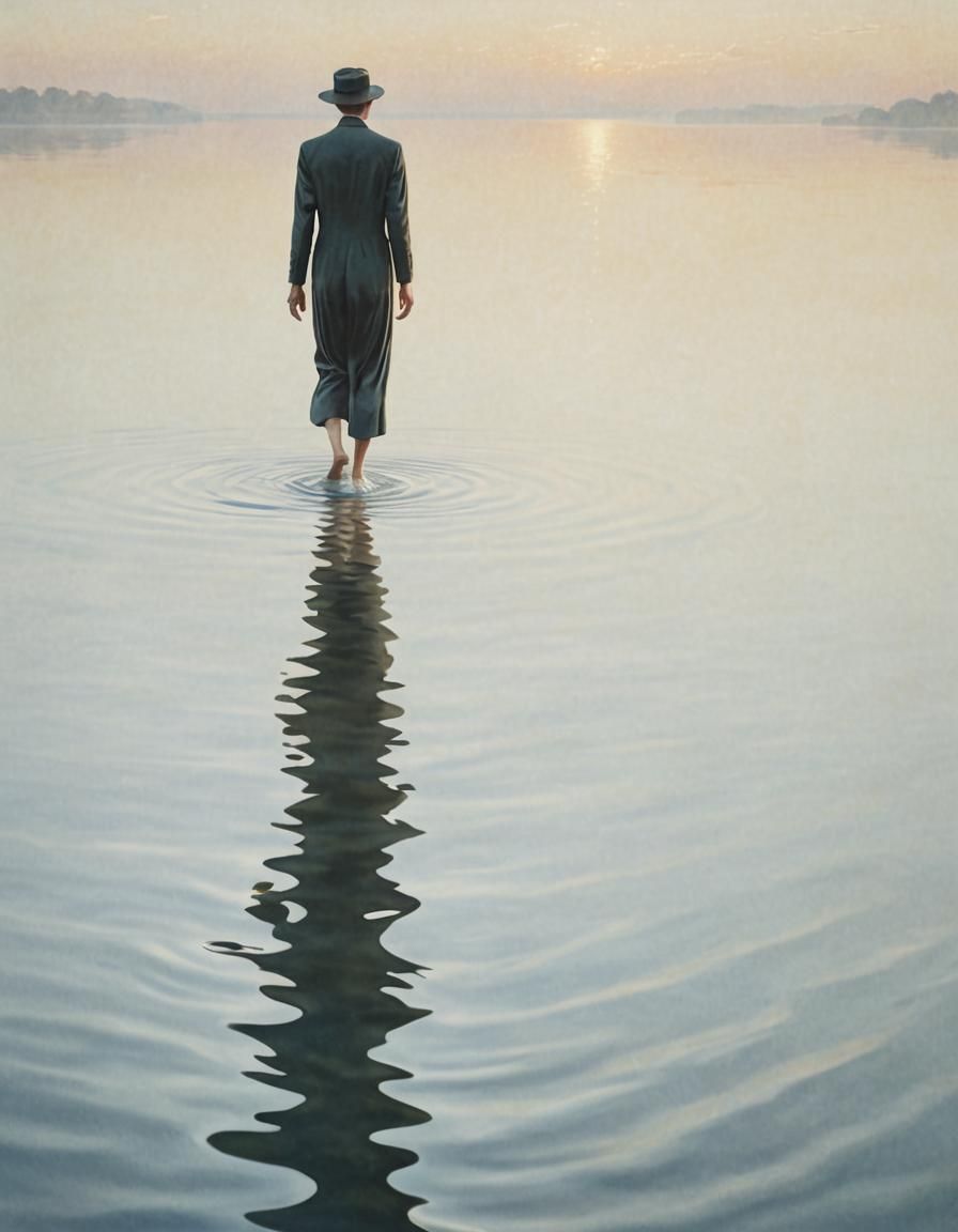 Surreal Figure Standing on Water in Golden Hour Light