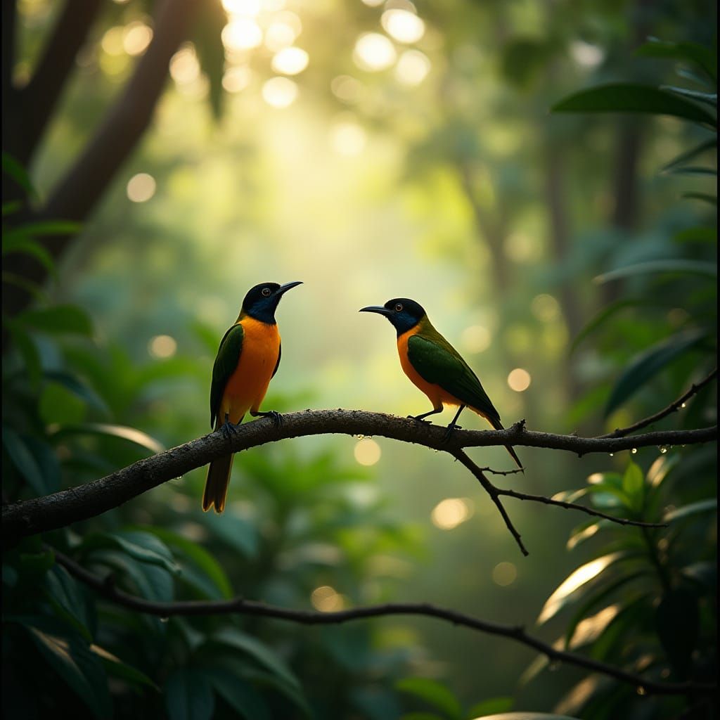 Tropical Forest with Golden-naped Barbets: Cinematic Still