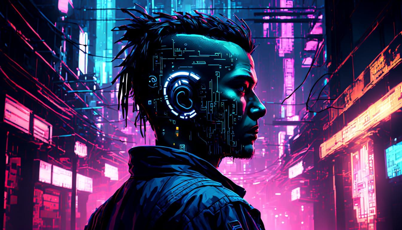 Cyberpunk Netrunner Face Glitch in Neon Noir Style