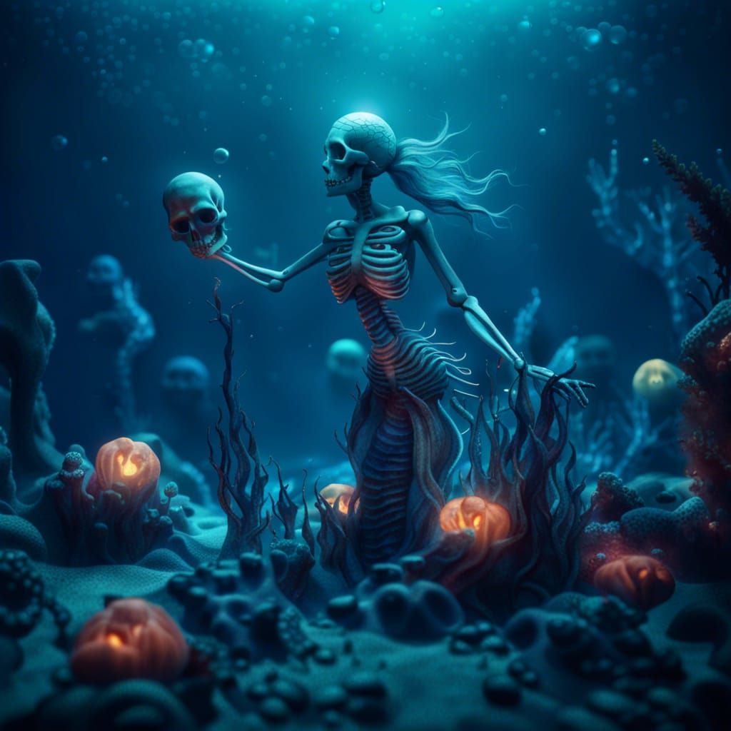 Skeleton Mermaid in Spooky Underwater Horror Scene