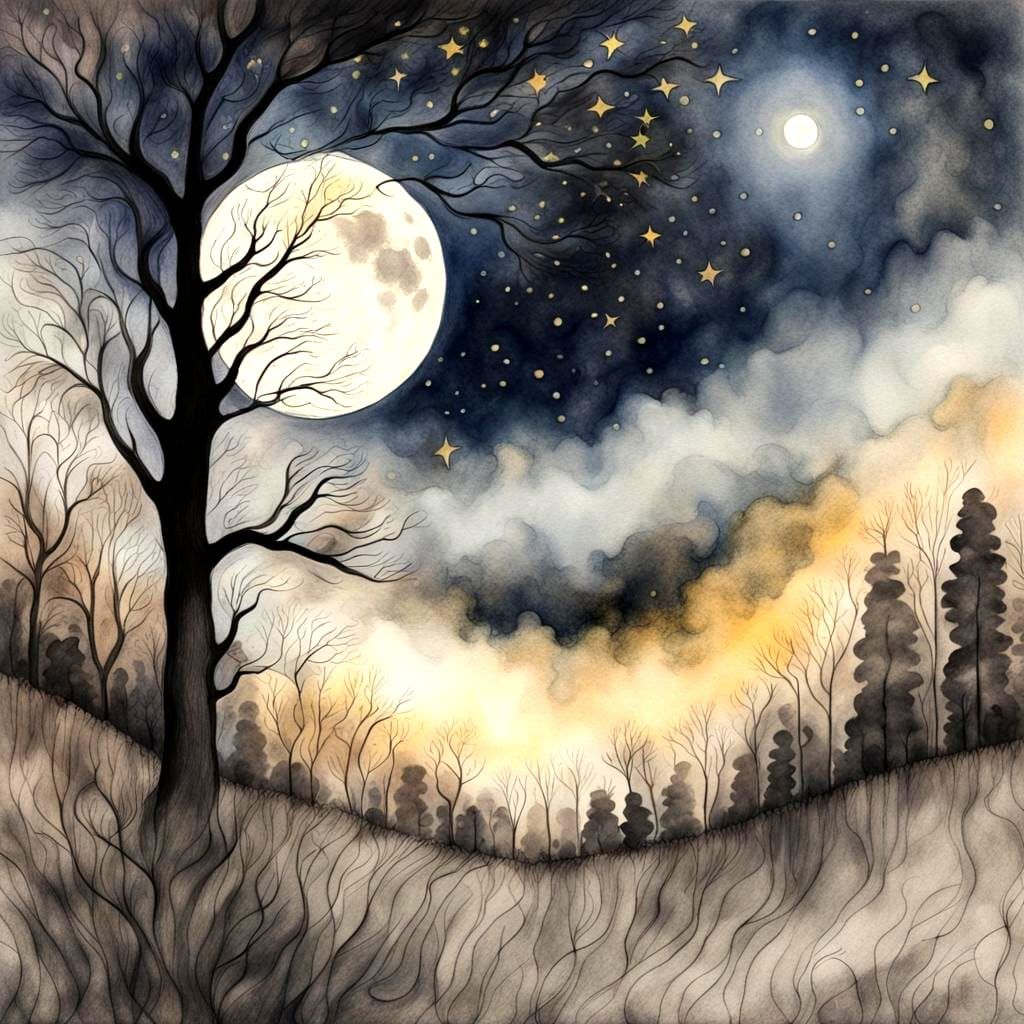 Moonlit Night: Klimt-Inspired Watercolor Painting