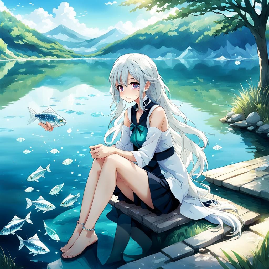 Anime girl by the lake