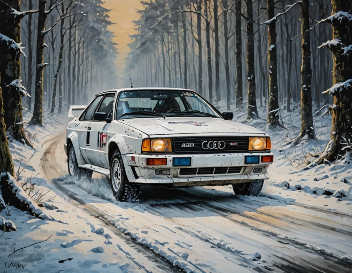 Vibrant Audi Quattro Speeds Through Winter Wonderland