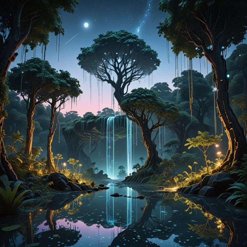 Futuristic Robotic Forest Waterfall at Twilight