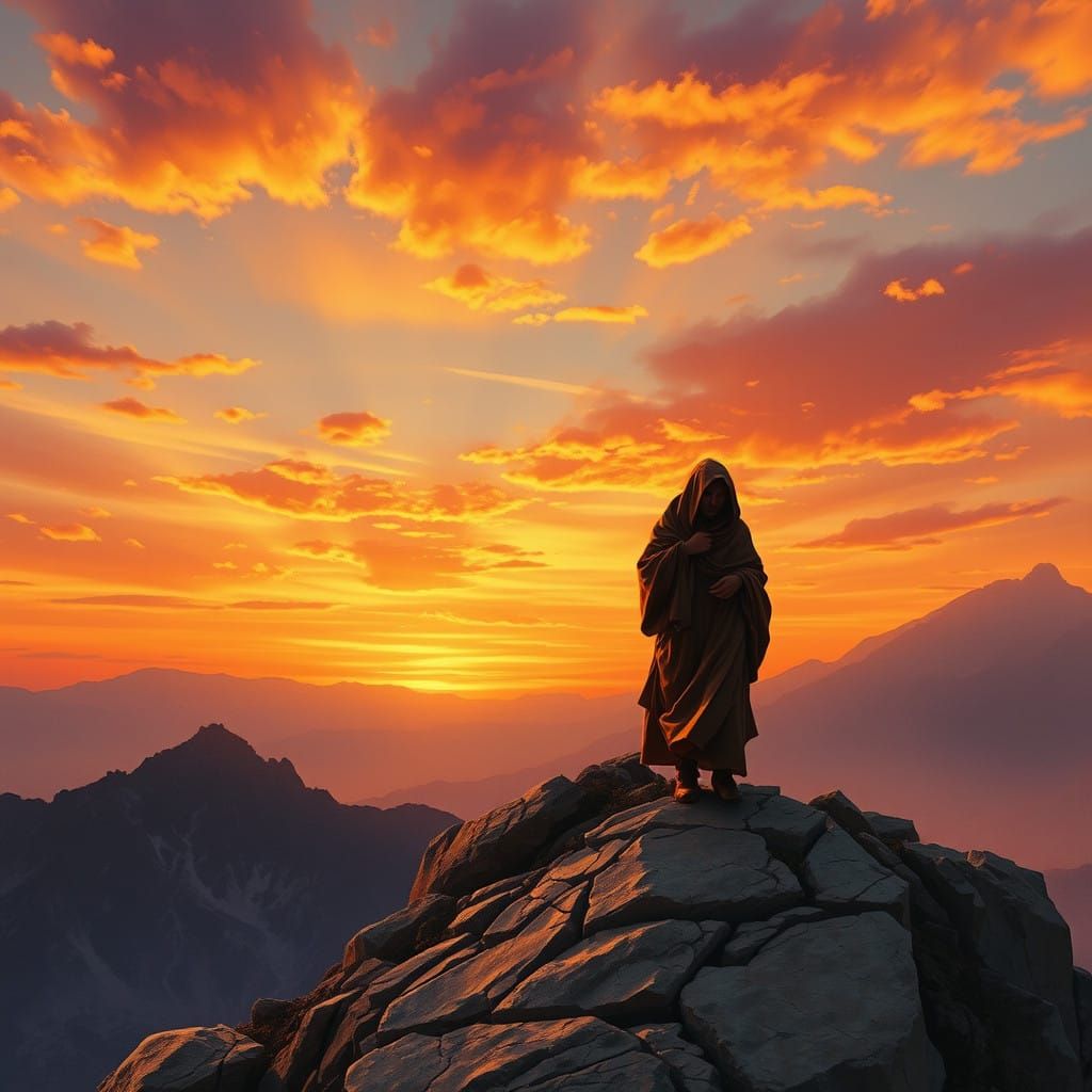 Ethereal Mountain Wanderer Amidst a Golden Sunset