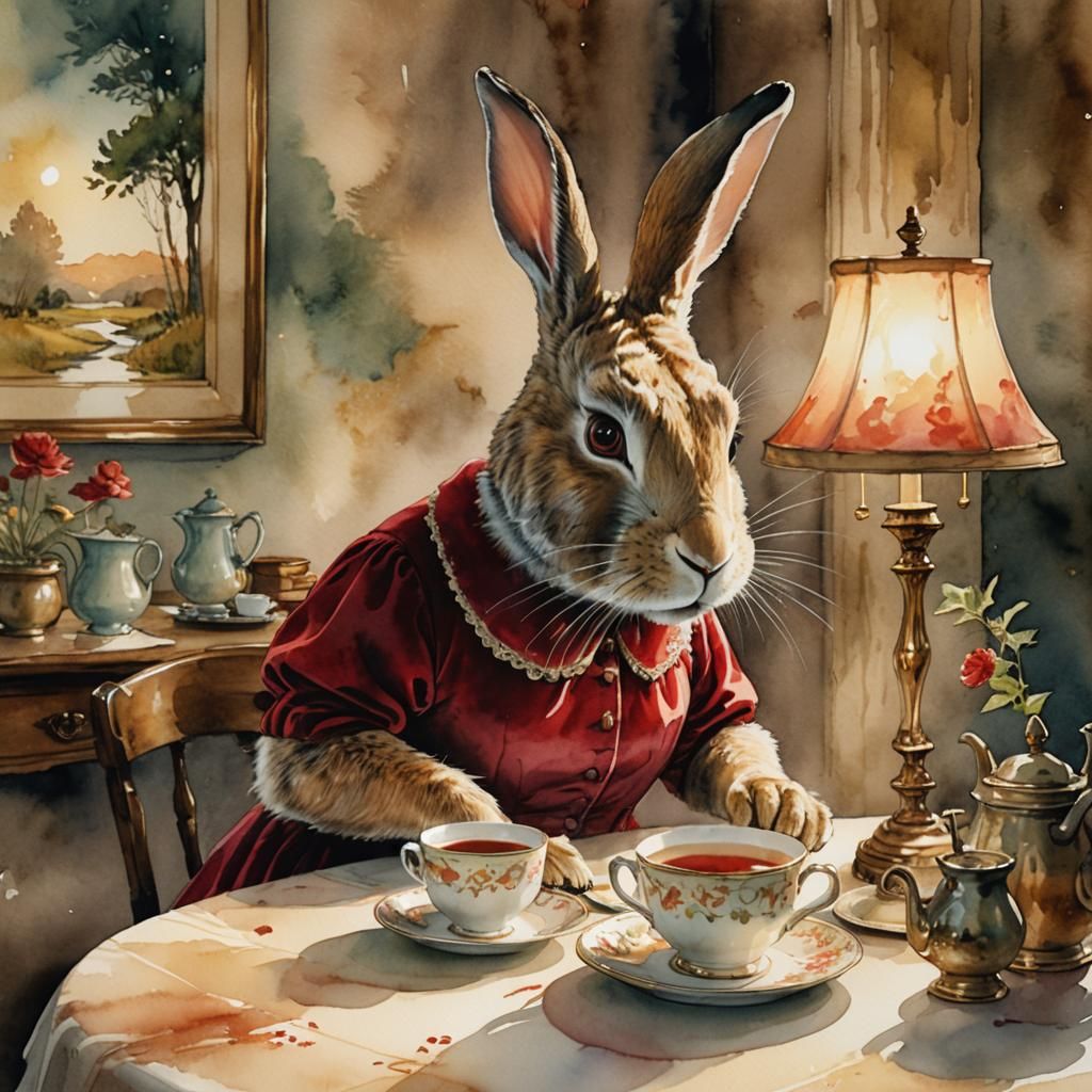 Rabbit Creature's Whimsical Tea Party: Watercolor Illustrati...