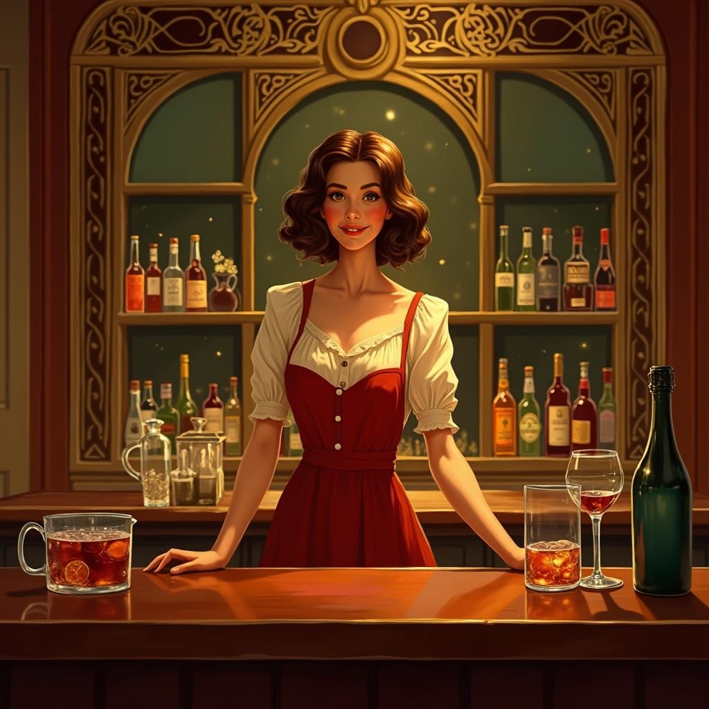 Alluring Art Nouveau Barmaid Serving Drinks