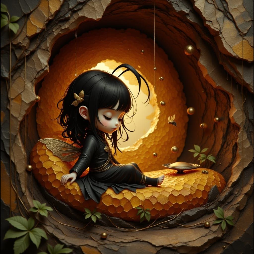 Chibi Queen Bee Reclining in Honeycomb, Digital Art