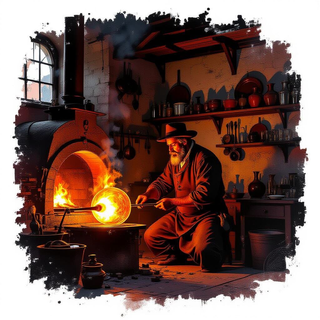 Dutch Golden Age Glassblower in Fiery Workshop