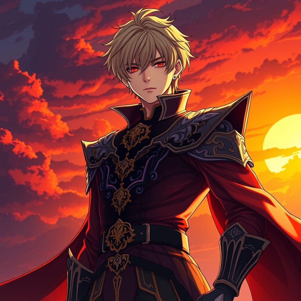 Surreal Anime Hero Silhouetted Against Sunset-Lit Cityscape