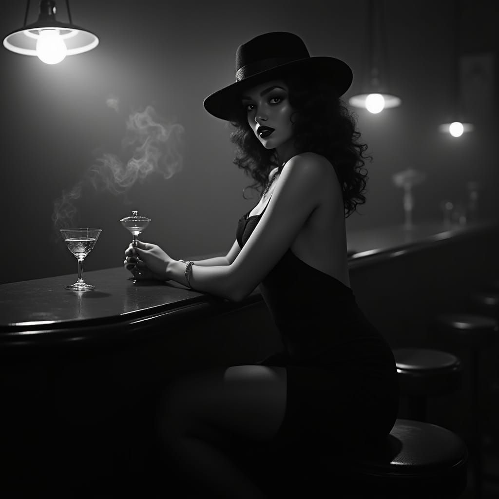 Sultry Film Noir Siren in a Smoky, 1930s-Style Speakeasy