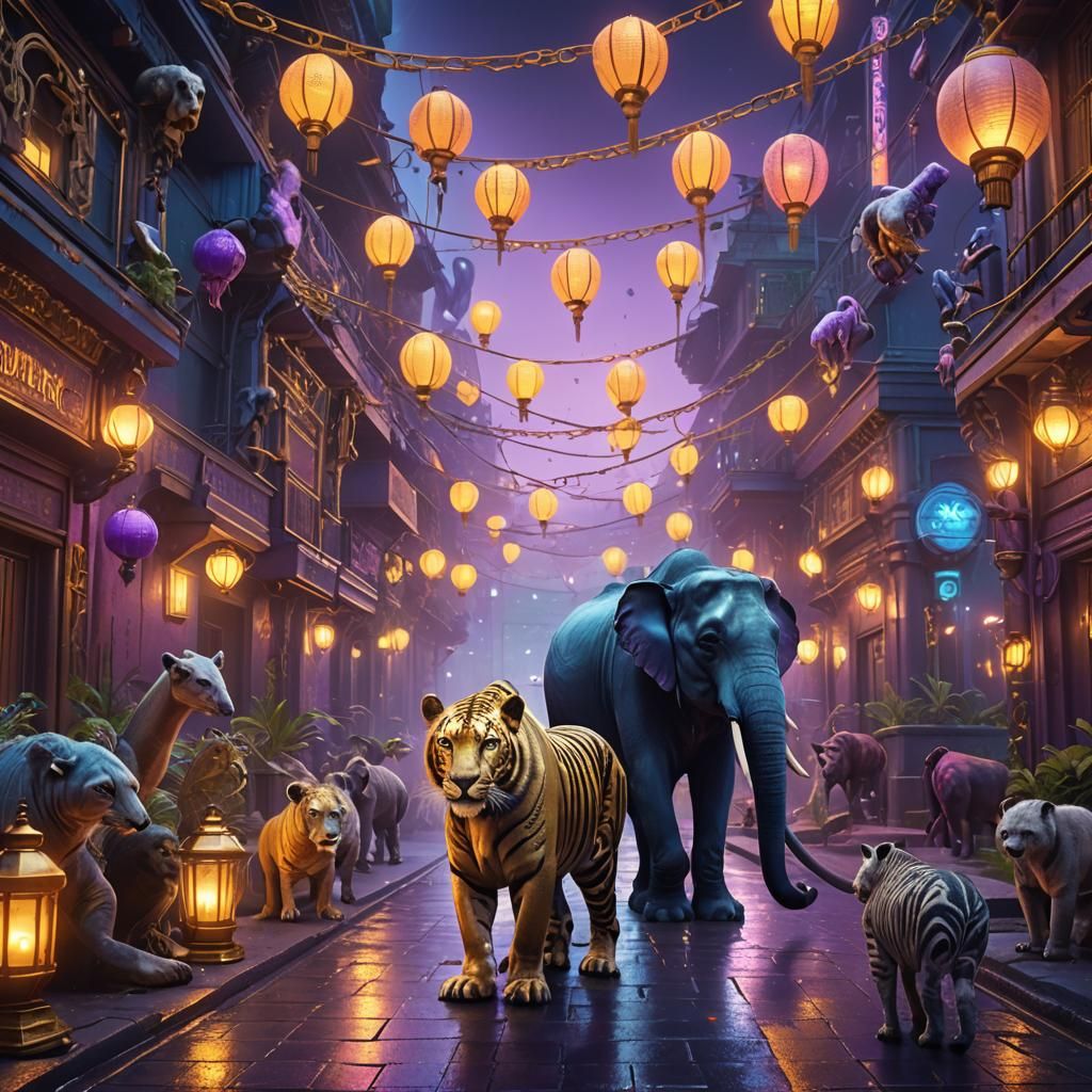 Futuristic Zoo with Golden Chains in Neon Lights