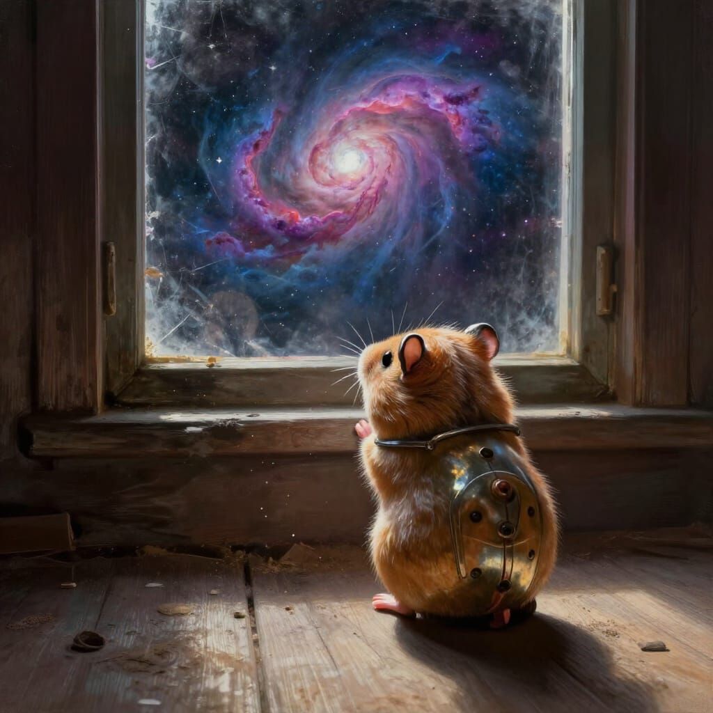 Vintage Toy Hamster Gazing at Nebula in Attic