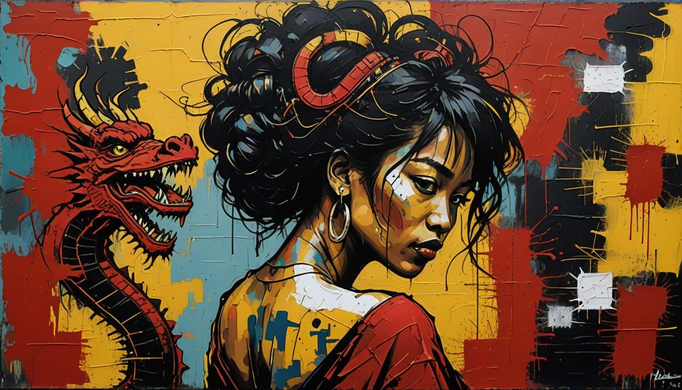 Surreal Street Art Painting of Asian Woman with Dragon Tatto...