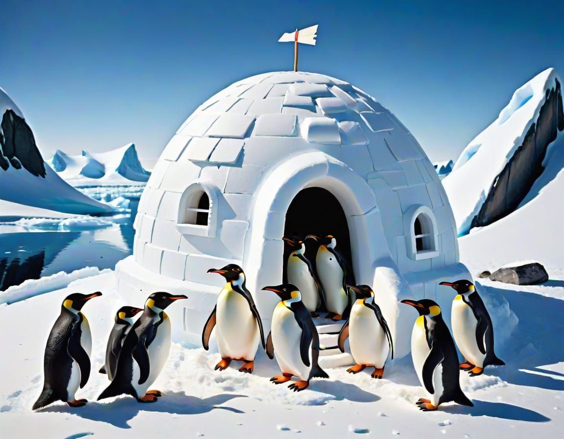 Penguins in Antarctica with Igloo Birdhouse