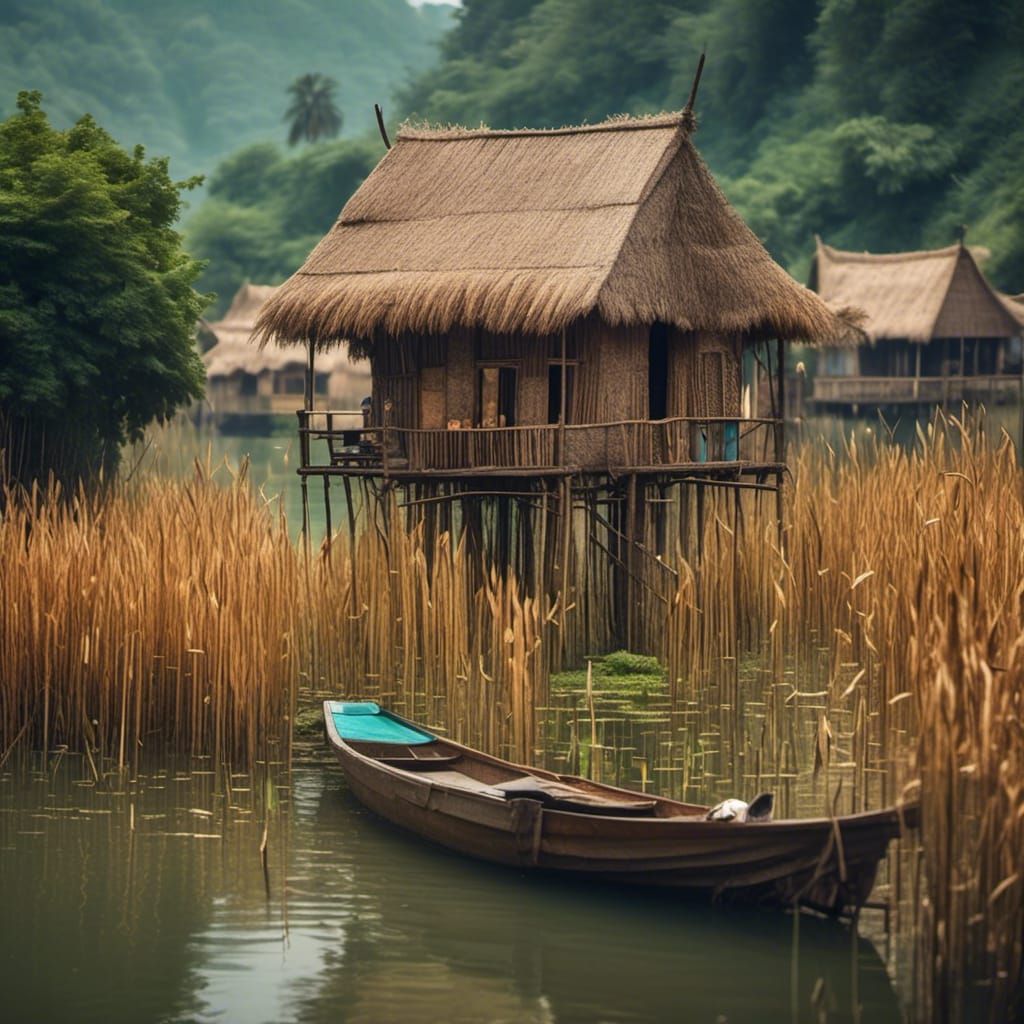 Stilt Houses on Lake with Thatched Roofs