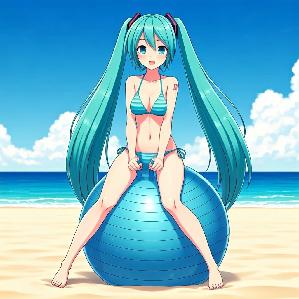 Vocaloid Idol Bounces on Beach Ball in Bikini