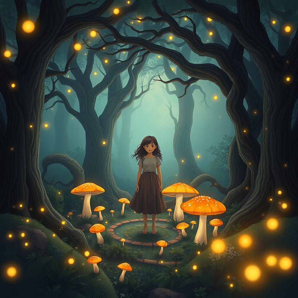Whimsical Forest Goddess Amidst Glowing Mushrooms