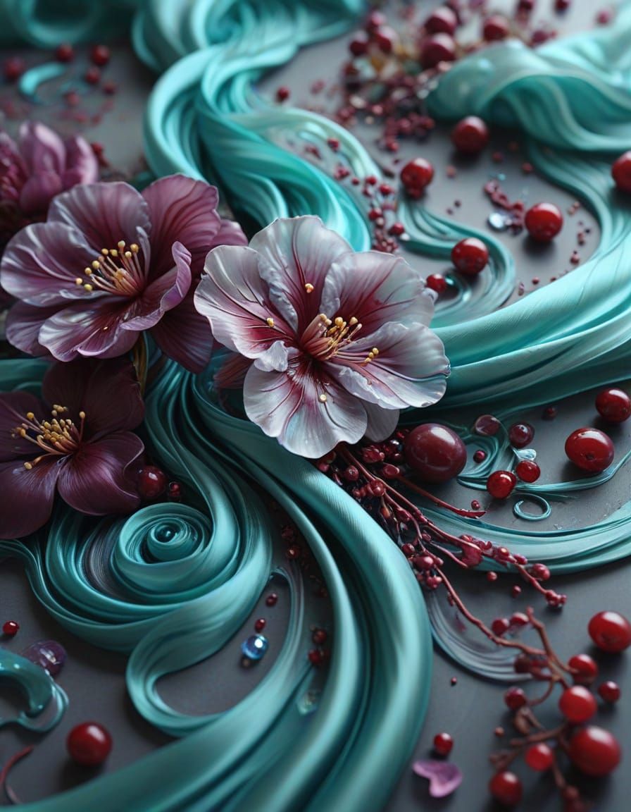 Shiny Swirling Silk Flowers in Plum and Aquamarine