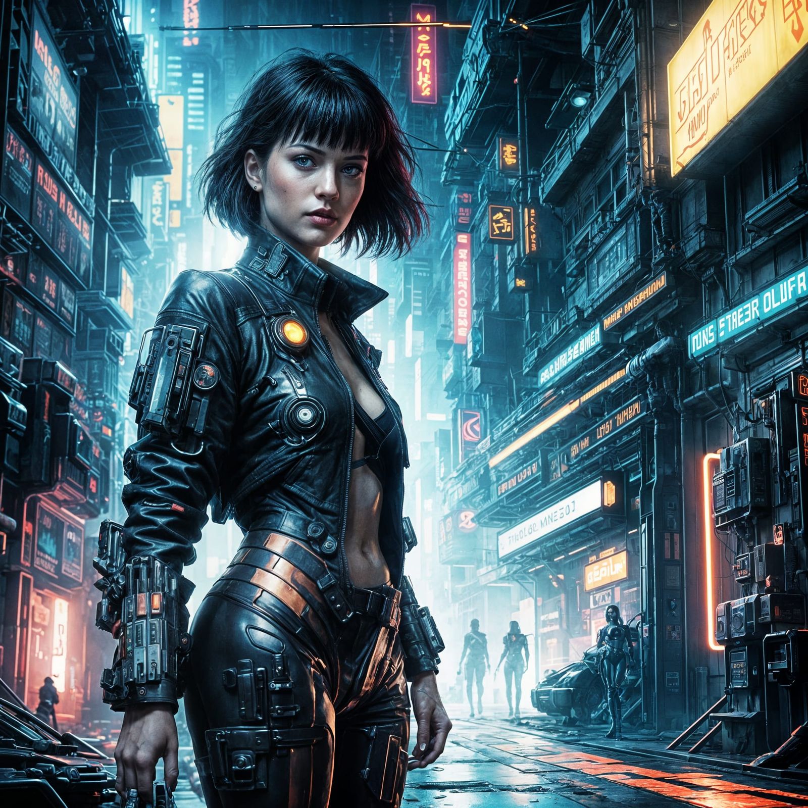 Cyberpunk Engineer with Mecha Part in Neon Workshop