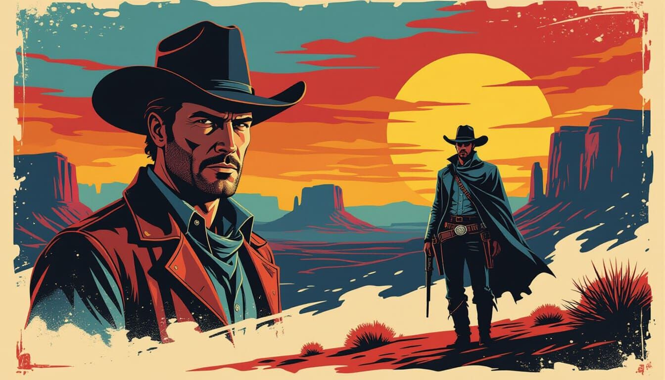 Vintage Western Movie Poster: Stoic Cowboy in Dramatic Lands...