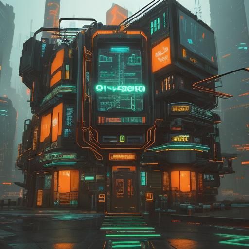 Cyberpunk Hacker in Futuristic Skyscraper Lair