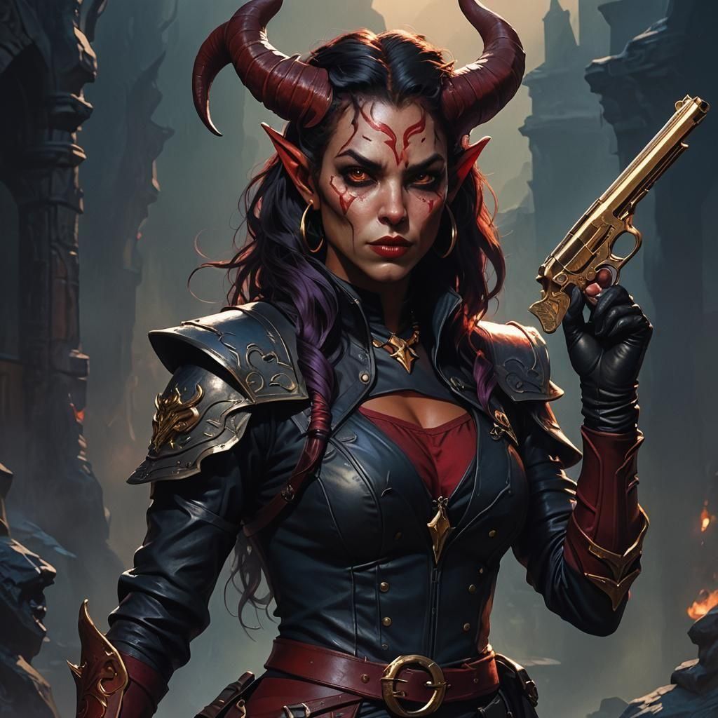 Tiefling Rogue with Twisted Horns in Leather Suit