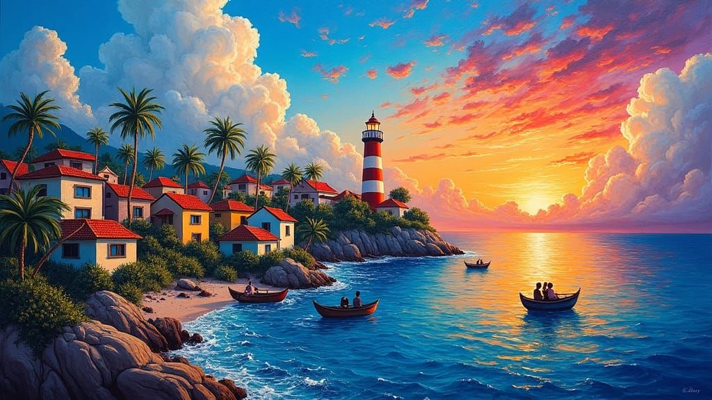 Seaside Town Acrylic Painting with Cubic Houses