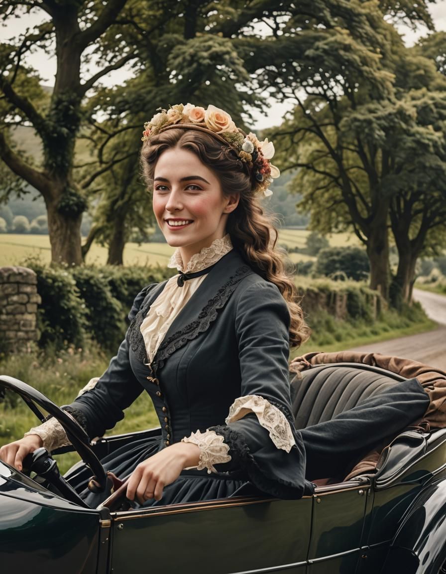 Victorian Woman's Joyful Car Ride in Countryside