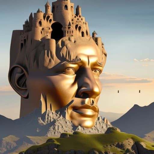 Surreal Landscape: Giant Head Statue with Castle