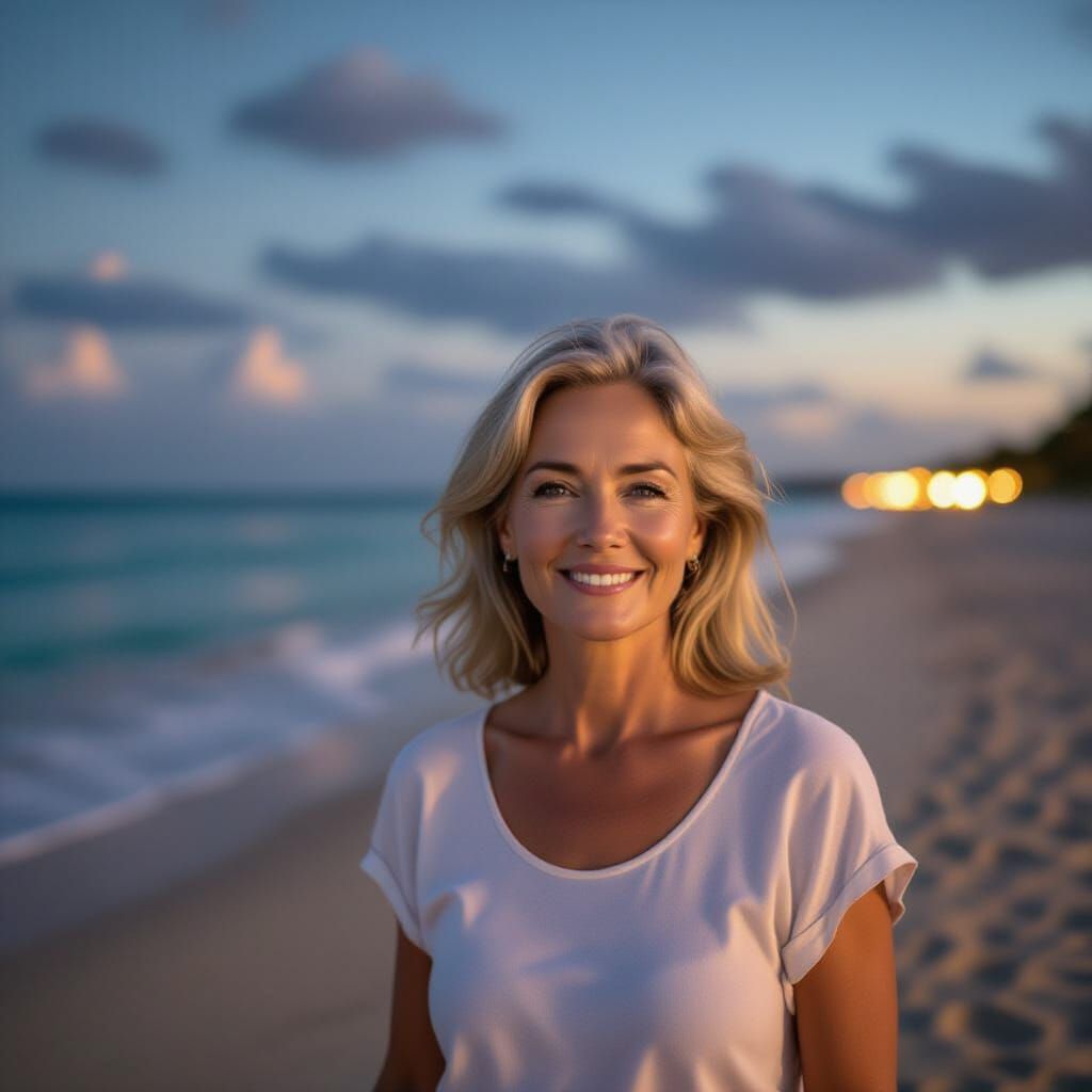 Smiling Woman on a Beach at Night