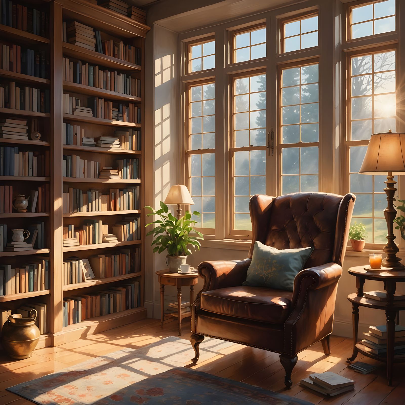 Cozy Library Nook Bathed in Sunlight