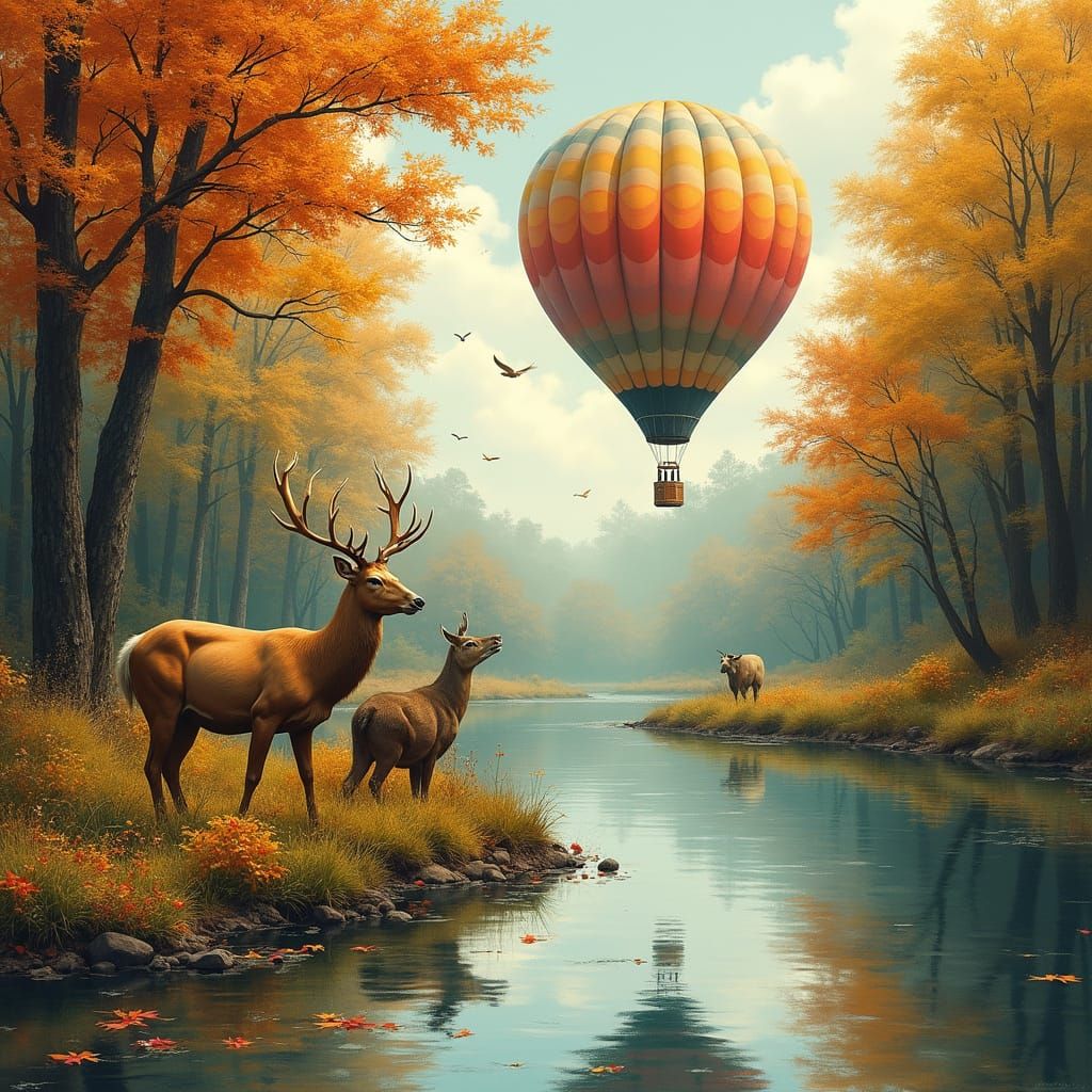 Deer in Autumn Forest with Hot Air Balloon