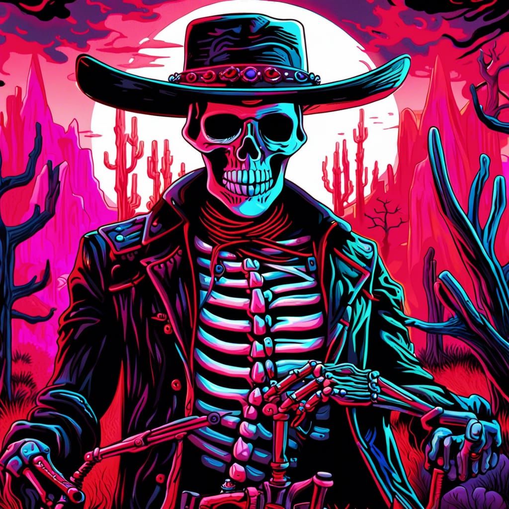 Skeleton Cowboy in Wild West, Neon Horror Art