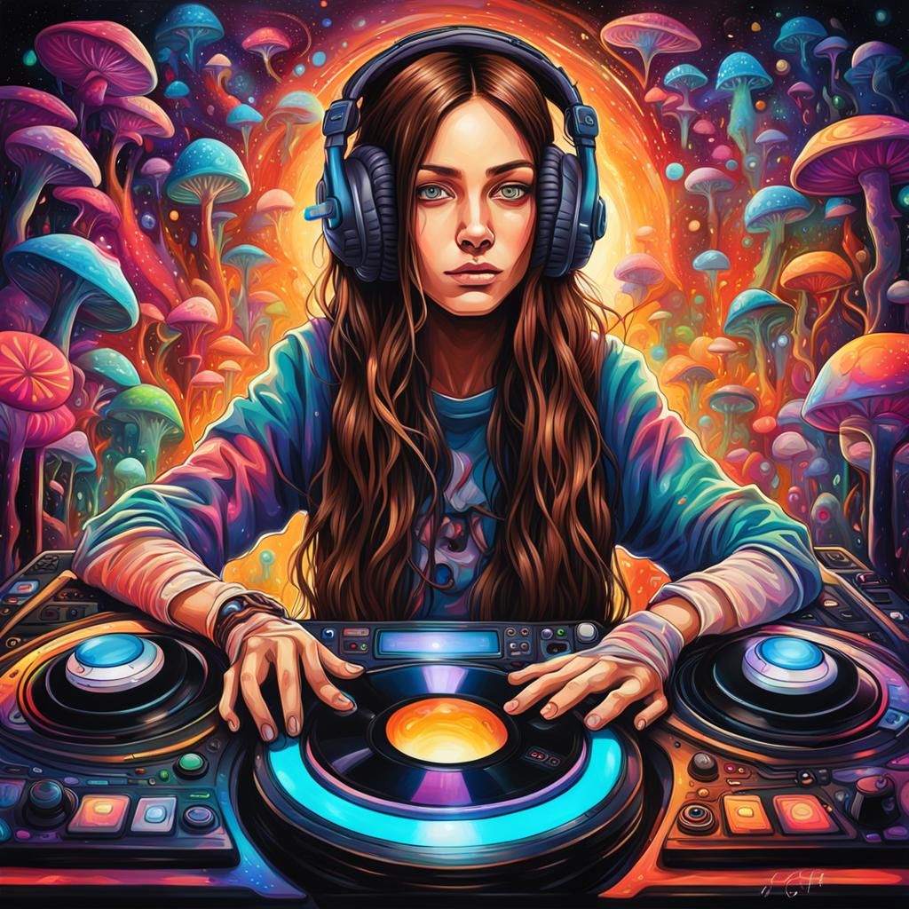 Psychedelic DJ Girl in Fractal Spaceship Universe