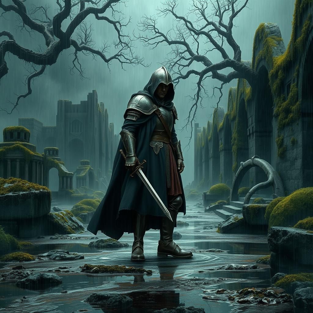 Armored Knight in Stormy Ruins: Fantasy Concept Art