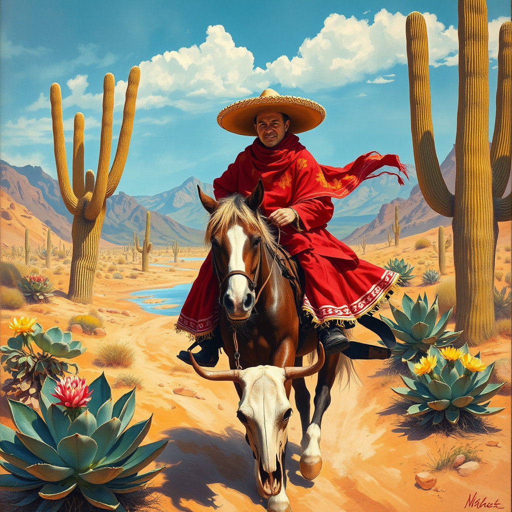 Vaquero Bandito Rides in Baja California: Gouache Painting