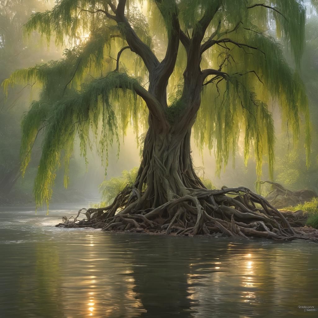 Mystical Weeping Willow in Ethereal Landscape