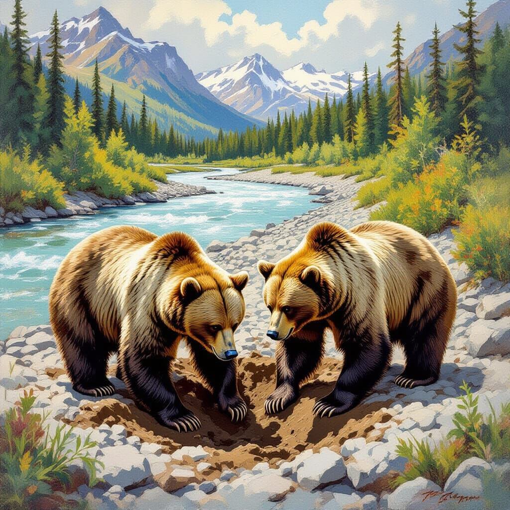 Grizzly Bears Digging on Alaskan Riverbank