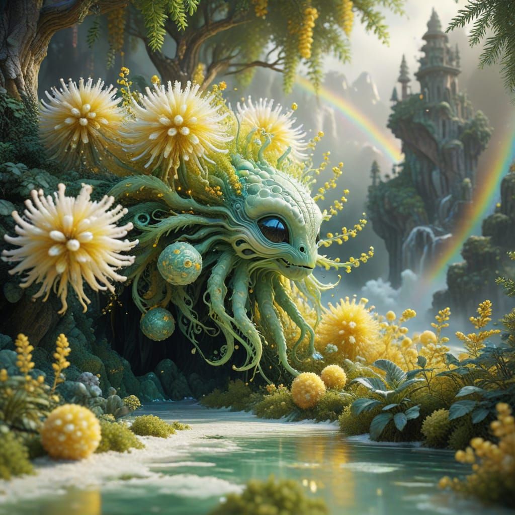 Whimsical Fantasy Landscape with Mimosa Tree and Alien