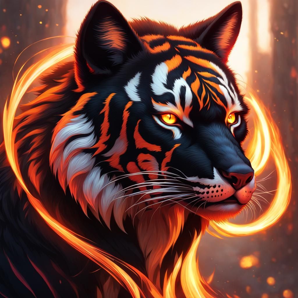 Flaming Fox-Tiger Hybrid Portrait in Hyperdetailed Style