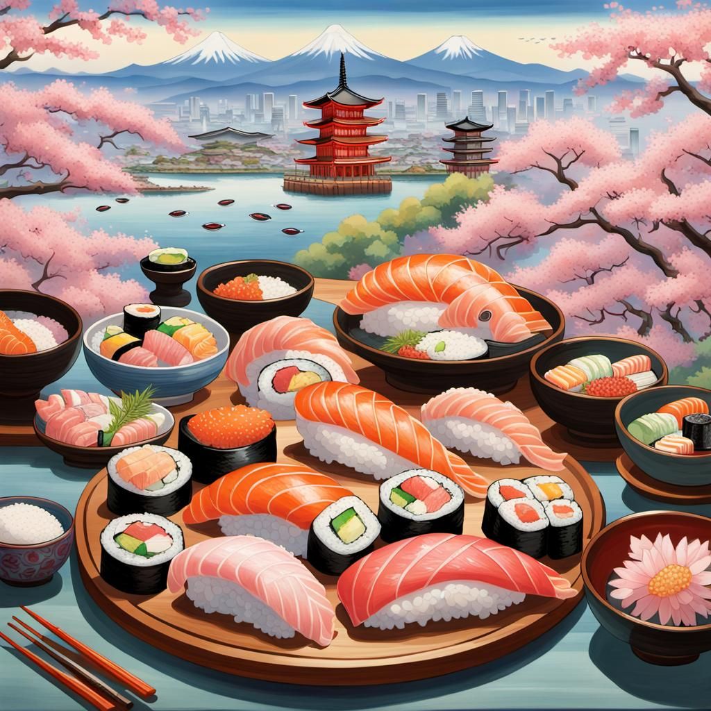 Vivid Sushi and Sashimi Painting with Japanese Cityscape