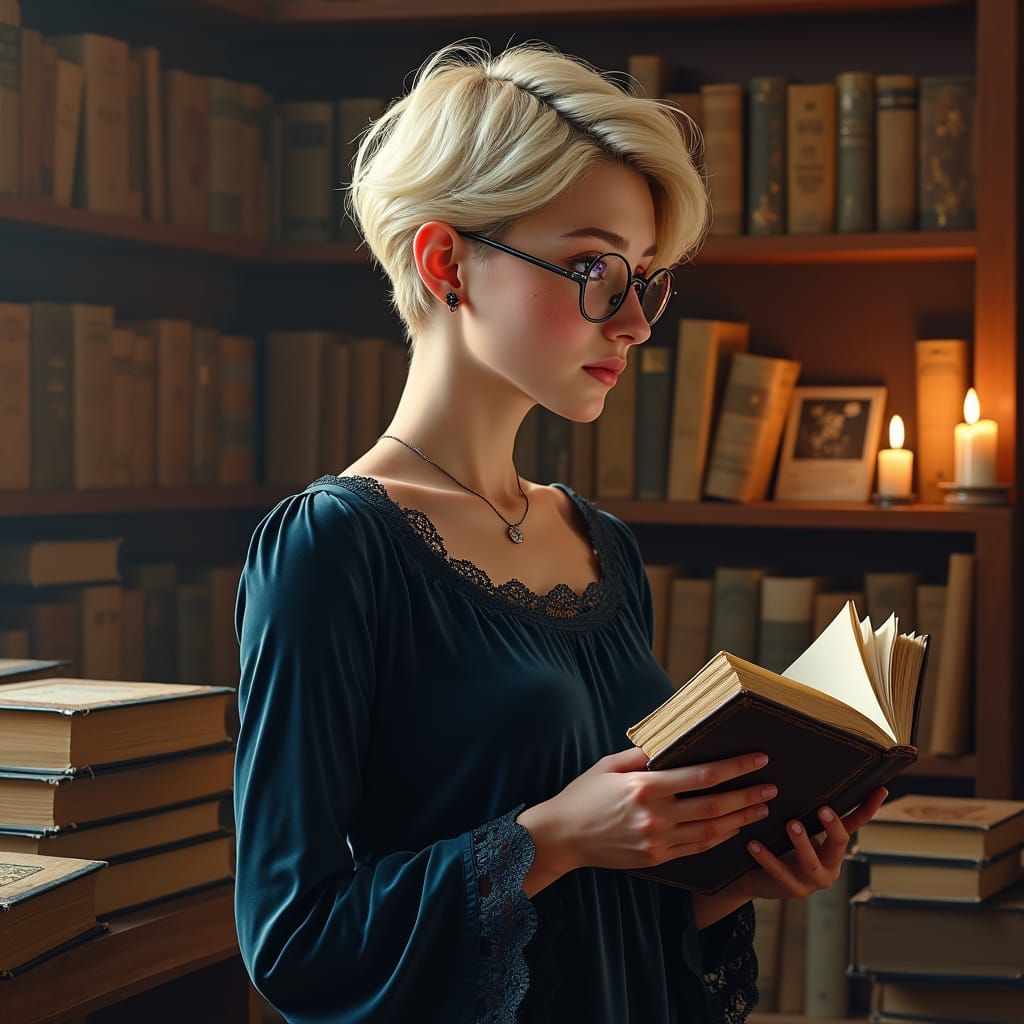 Woman in Antique Bookstore, Hyperrealistic Fantasy Concept A...