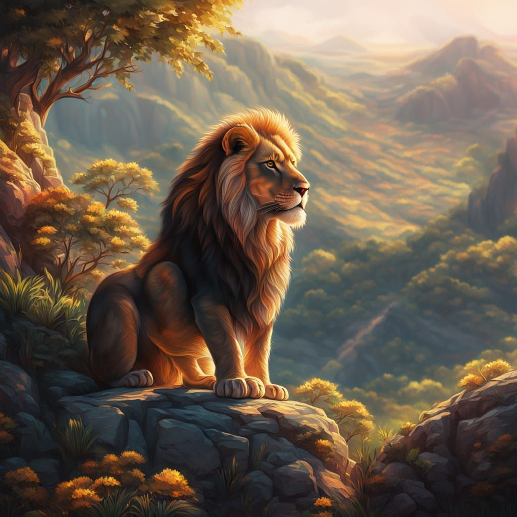 Regal Lion Cub Dominates a Lush, Serene Valley in Hyperreali...